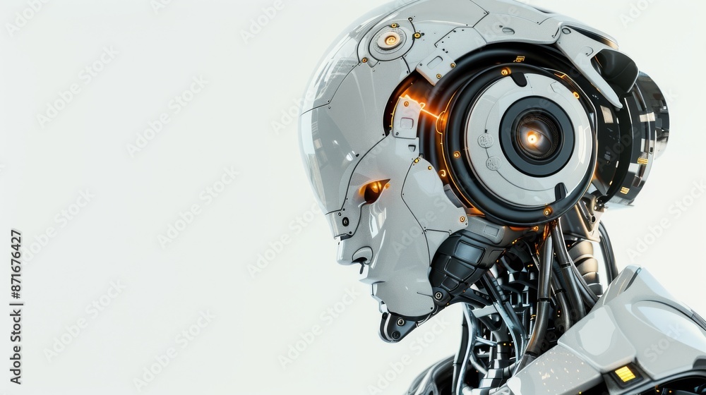 Aufkleber the detailed side view of a futuristic red humanoid cyborg or robot with a metallic skull head is is