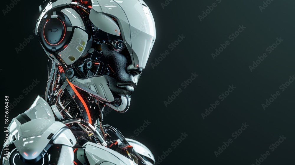 Aufkleber humanoid robot man with white head and metallic skull isolated on black background. free copy space 