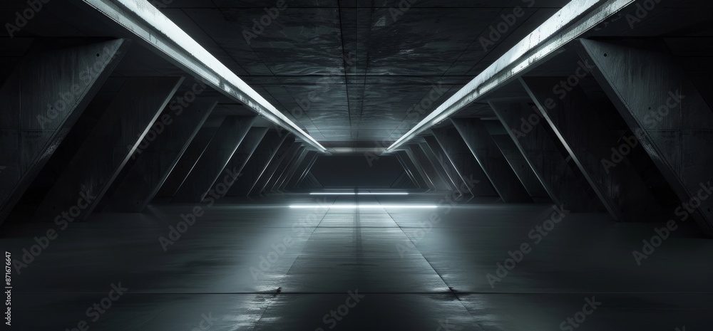 Poster 3d rendering of triangle-shaped cement concrete structures during construction in a tunnel corridor 