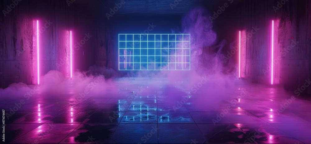 Poster a 3d rendering of a smoke mist steam rectangular shaped led laser neon light hanging inside a metal 