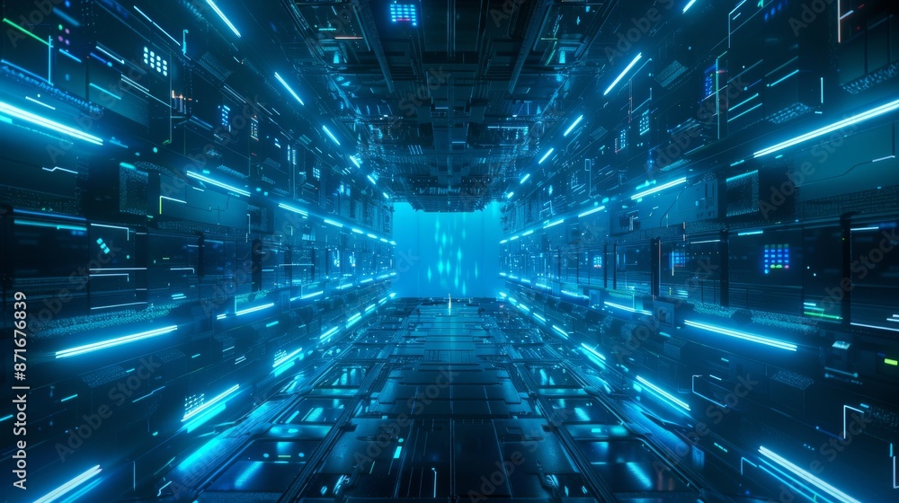 Poster conceptual 3d rendering of binary data displayed on screens in a sci-fi themed data center. big data