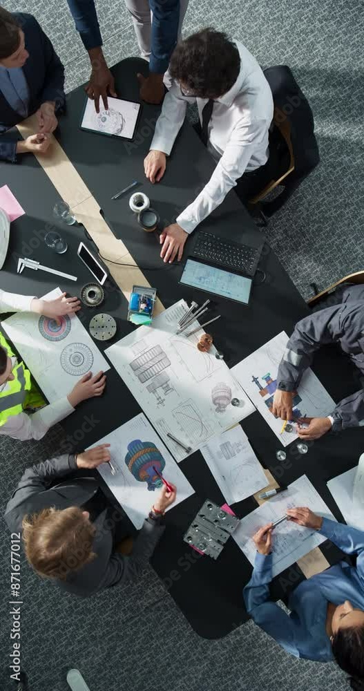 Poster vertical screen zoom out top down view: diverse team of business professionals and engineers working