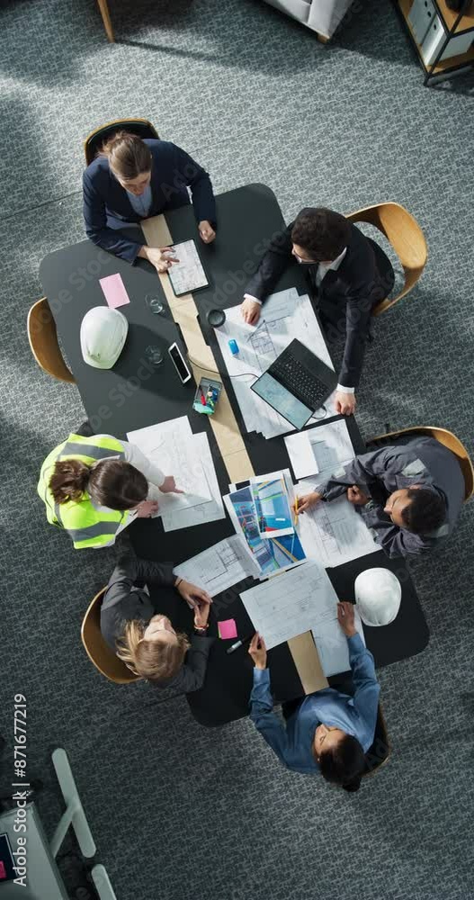 Aufkleber vertical screen: top down view of diverse team of real estate construction engineers working with bl