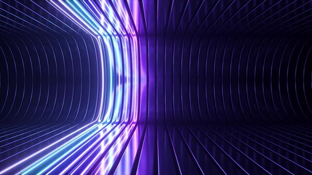 Abstract futuristic tunnel with neon lights and dark background