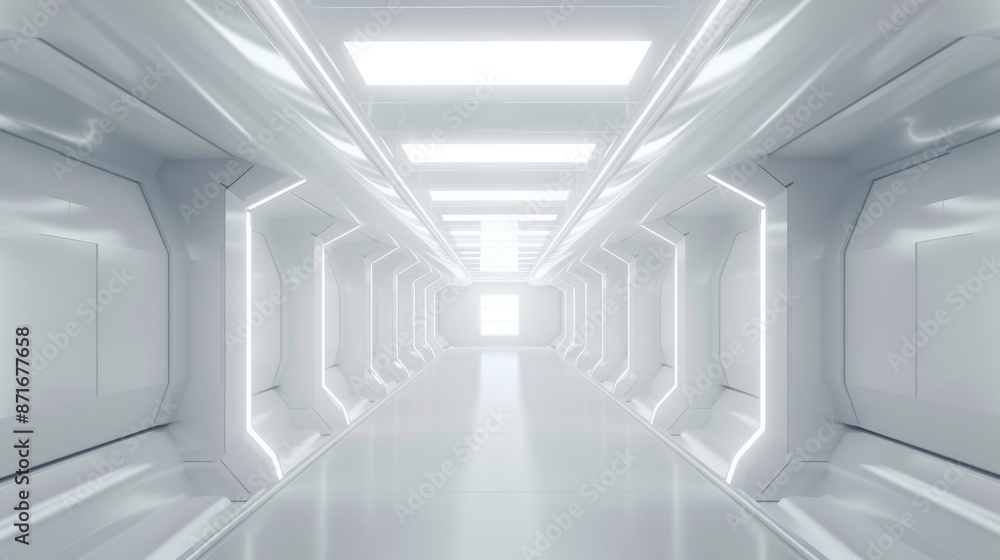 Poster a spaceship or science lab in white, with a sci-fi corridor.