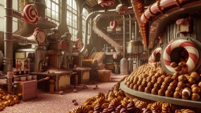 A large room packed with an abundance of candy canes of various colors and sizes, An orchestrated view of a chocolate factory with candies being produced and packaged, AI Generated