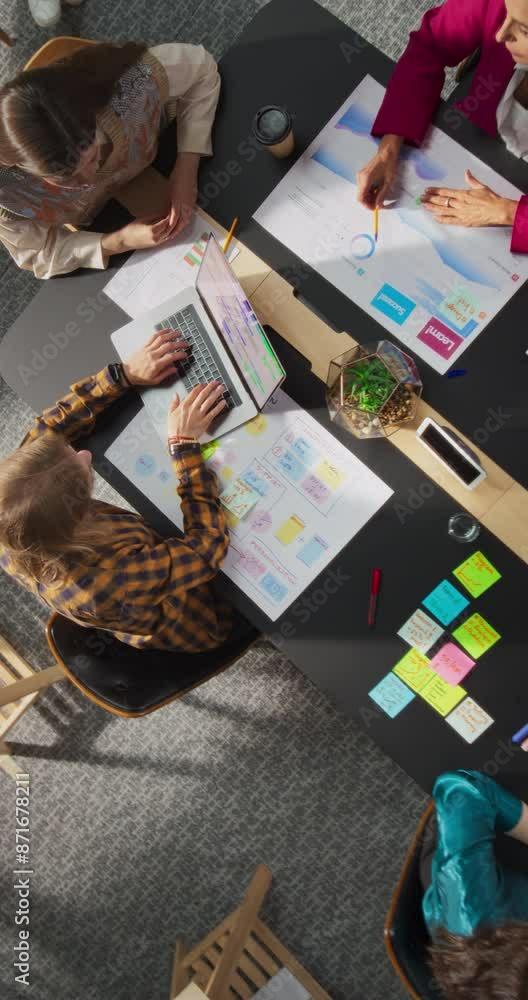 Poster Vertical Screen: From Close Up On Hands Of Young Colleagues Working With Laptop And Mindmap To Zoom Out Top Down View Of Conference Table With Coworkers Discussing Strategies In An Office Of Startup