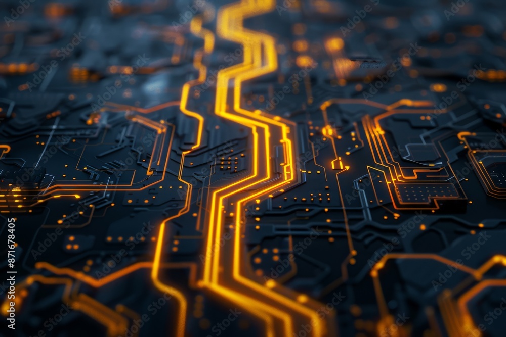 Poster a realistic 3d rendering of a robot or cyber armor with yellow neon lines. close-up of mining equipm