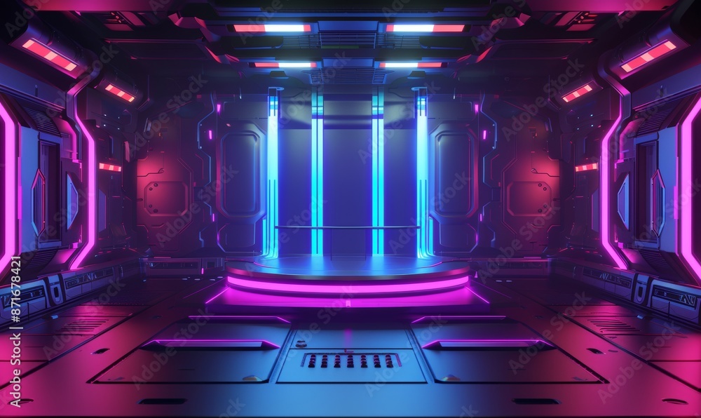 Aufkleber featuring a cyberpunk sci-fi product in a spaceship base with a blue and pink background. object con