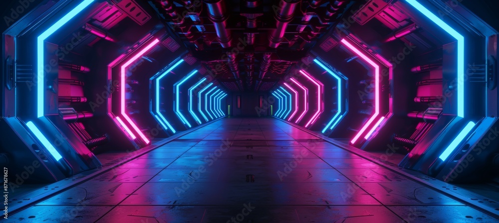 Poster spaceship interior with projector. futuristic corridor in space station with glowing neon lights. 3d
