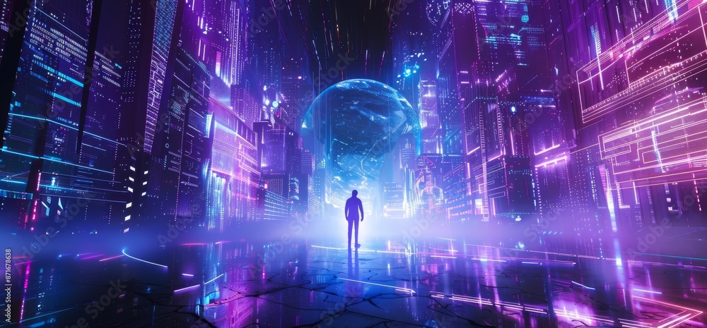 Poster 3d rendering of abstract man in science fiction world