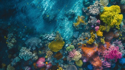 Fototapeta premium Colorful Coral Reef Teeming With Life, Aerial view of an expansive coral reef teeming with a diverse range of vibrant, colorful marine life, AI Generated
