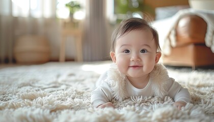 Fototapeta premium A cute asian baby in white crawling on the carpet in modern home interior.