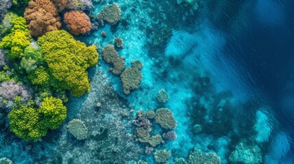 Fototapeta premium An expansive coral reef teeming with marine life in the ocean, Aerial view of an expansive coral reef teeming with a diverse range of vibrant, colorful marine life, AI Generated