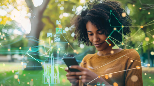 African American woman with a phone in her hands works in the park against a background with graphs and diagrams. Beautiful curly woman outdoors. Concept of technology, freelancing. Double exposure.