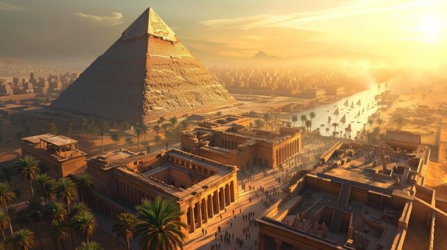 Serene aerial view showing the majestic pyramids of Egypt in the ancient city, An ancient Egyptian city as seen from the top of a Pyramid, AI Generated