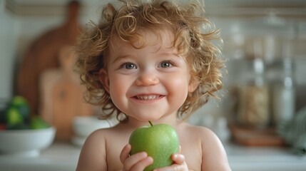 Fototapeta premium adorable Caucasian toddler smiling and holding fresh green apple at home