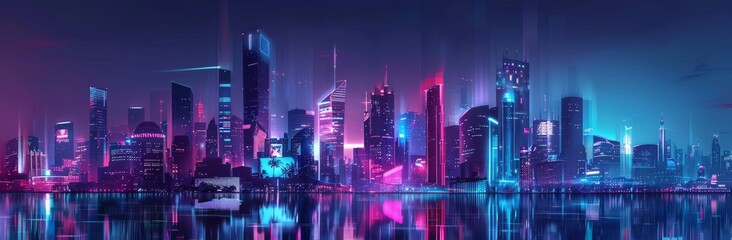 Cityscape with cyberpunk theme. Nightlife in a virtual world. Neon lights. Sci-Fi city background. Modern illustration.