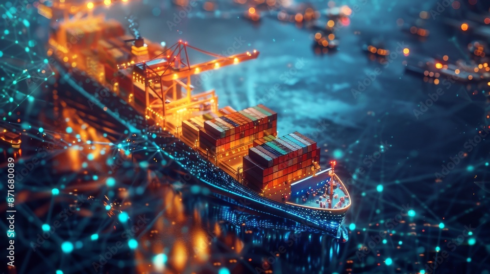 Poster a three-dimensional model of a container ship with glowing blue wireframe lines on a black backgroun
