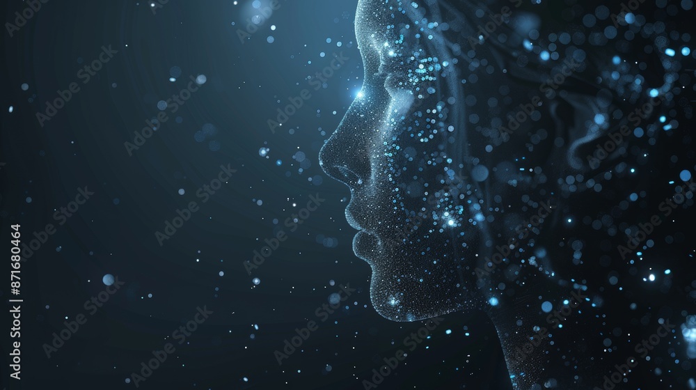 Poster circuitry forming the side profile of a digital human head against a dark background displaying bina