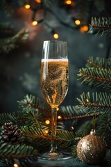 Festive Champagne Glass with Holiday Decor and Bokeh Lights in Background
