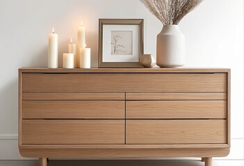 A wooden chest of drawers in a modern interior stands against a white wall. Home decor paraphernalia candles stand on a chest of drawers in the living room.