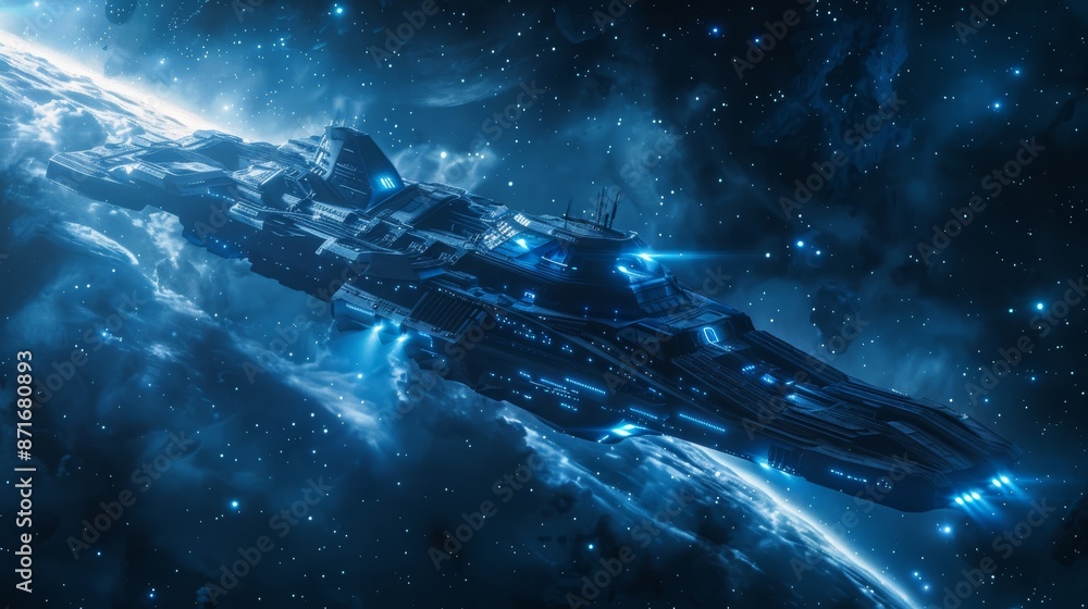 Poster 3d rendering of an alien spaceship flying through space with stars in the background.