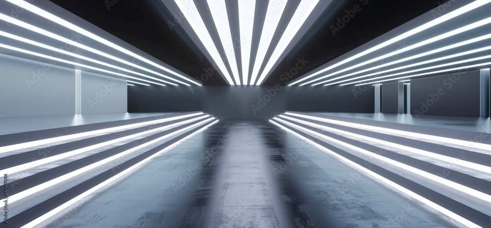 Poster spaceship concept 3d rendering of a futuristic modern empty sci-fi reflective room with white led li