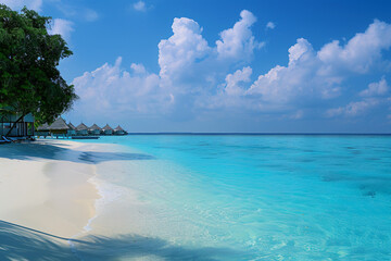 Fototapeta premium Serene Tropical Beach Scene: Idyllic Coastal Paradise with Clear Blue Waters and White Sand for Relaxation and Travel Projects
