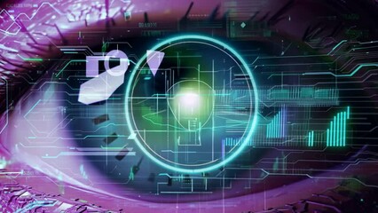 A high-resolution photo of a cyborg eye scanning a digital landscape, with binary code flowing across the iris and pupil.