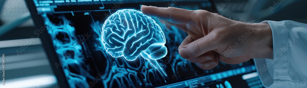 Poster a person is pointing at a brain on a computer screen