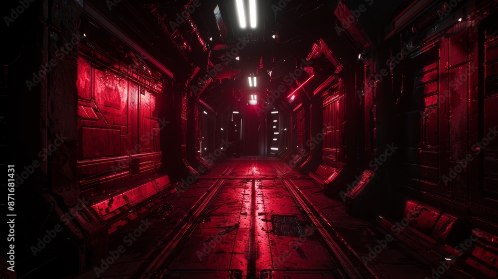 Poster a 3d rendering of a realistic sci-fi-style dark corridor with red light. a futuristic tunnel with gr