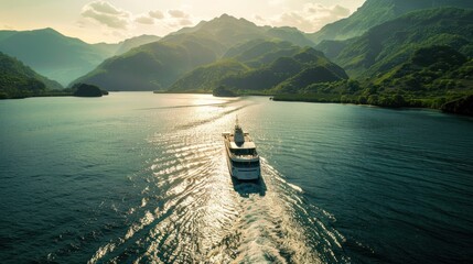 Fototapeta premium Luxury Yacht Sailing Through Majestic Mountains