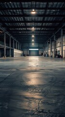 Empty industrial warehouse with lights on