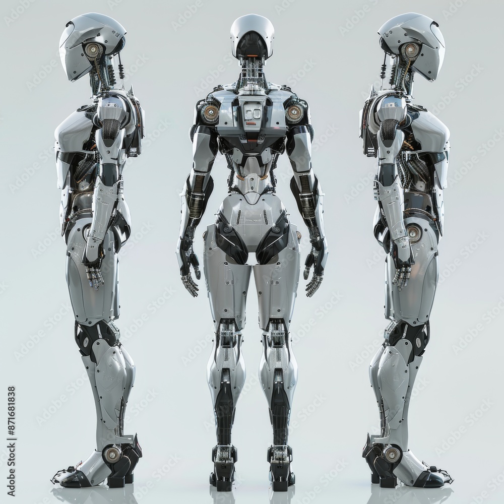 Aufkleber robot or cyborg man in the future. front, back, and side views. isolated on white background. 3d ren