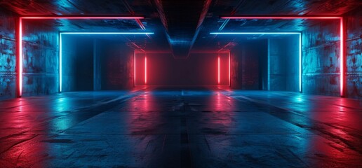 Naklejka premium 3D Rendering of Sci Fi Retro Dark Empty Underground Tunnel Corridor Stairs Signs Lights White Blue Orange Empty Reflective Grunge Concrete Modern