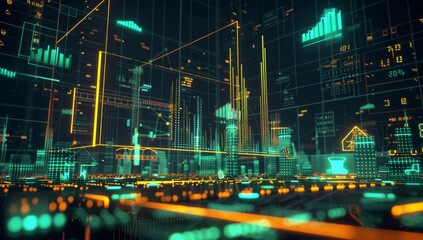 Obraz premium A futuristic digital graph with orange and green lines, representing the stock market's movement over time.