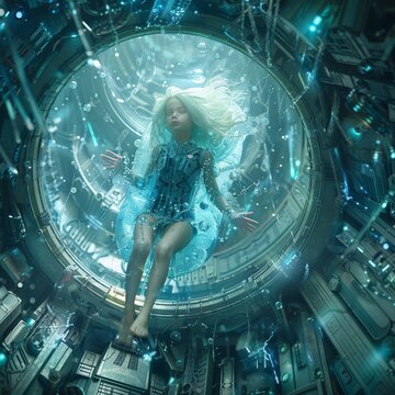 This is a 3D illustration of a science fiction scene showing a human female figure in a futuristic alien incubator.