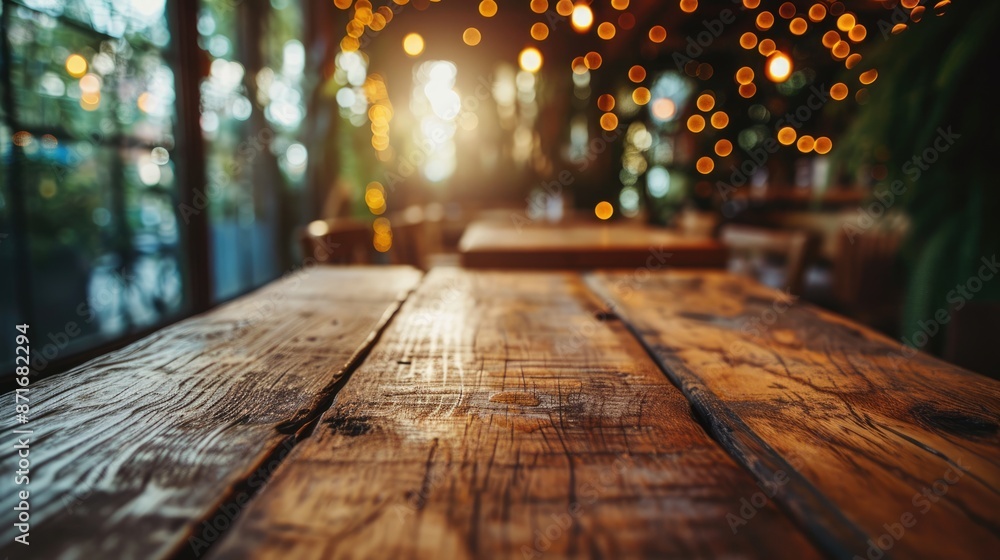 Aufkleber the close up picture of the empty table that has been made from wood material and placed inside the 