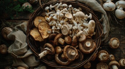 Fresh raw edible Autumn harvest. Wicker basket full of various kinds of mushrooms. Preparations for the winter. Forest picking hunting mushrooms. Cozy village atmosphere.
