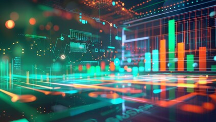 Obraz premium A futuristic digital graph with orange and green lines, representing the stock market's movement over time.