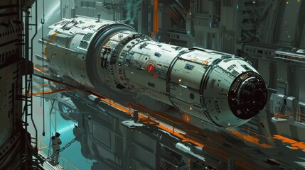 Naklejka premium Spaceship being restored by a man, digital painting