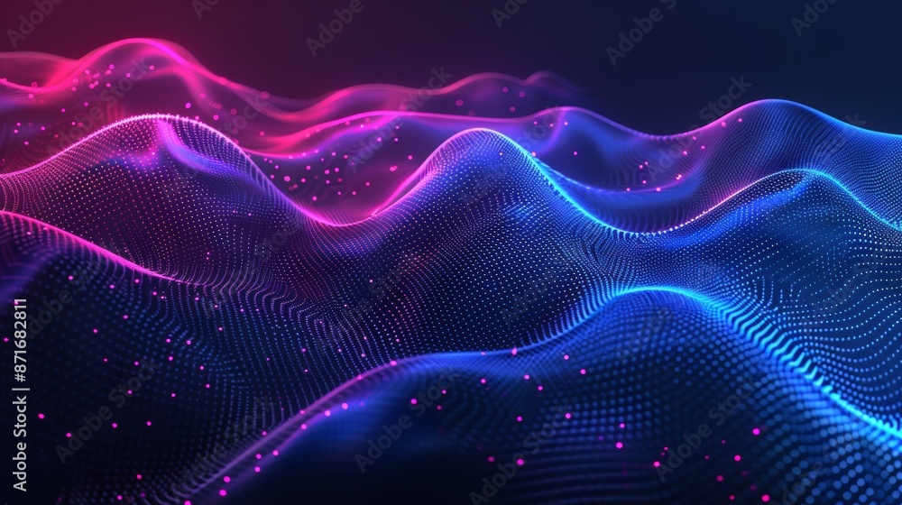Poster digital background with dots of blue purple wave lines. abstract technology big data. photorealistic