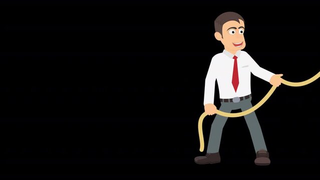 Man pulling a rope. Animation tug of war, rivalry, alpha channel. Cartoon