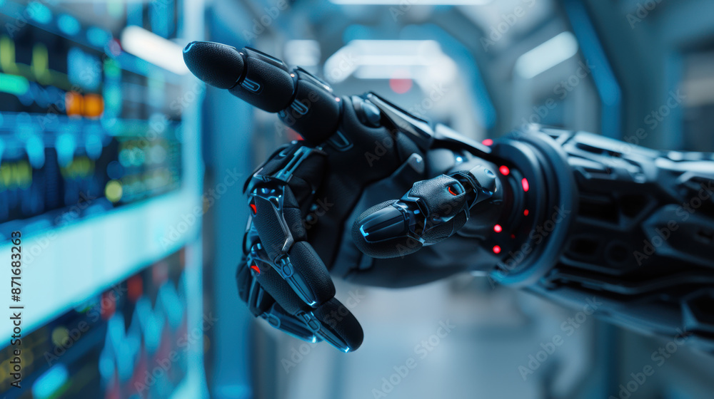 Poster a robotic hand is pointing at a computer screen