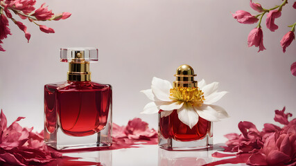 crimson bottle of perfume with flower