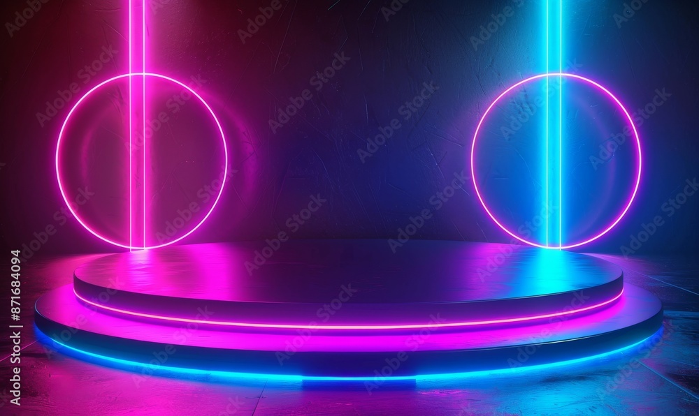 Aufkleber an illustration of a cyberpunk sci-fi product podium in a spaceship base with blue and pink backgrou