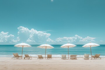 Fototapeta premium A beach scene with four white umbrellas and several white chairs