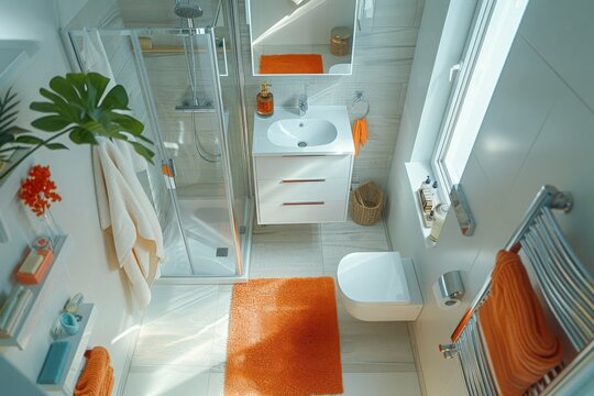 A small bathroom with a shower, sink, and toilet, showcasing efficient use of space