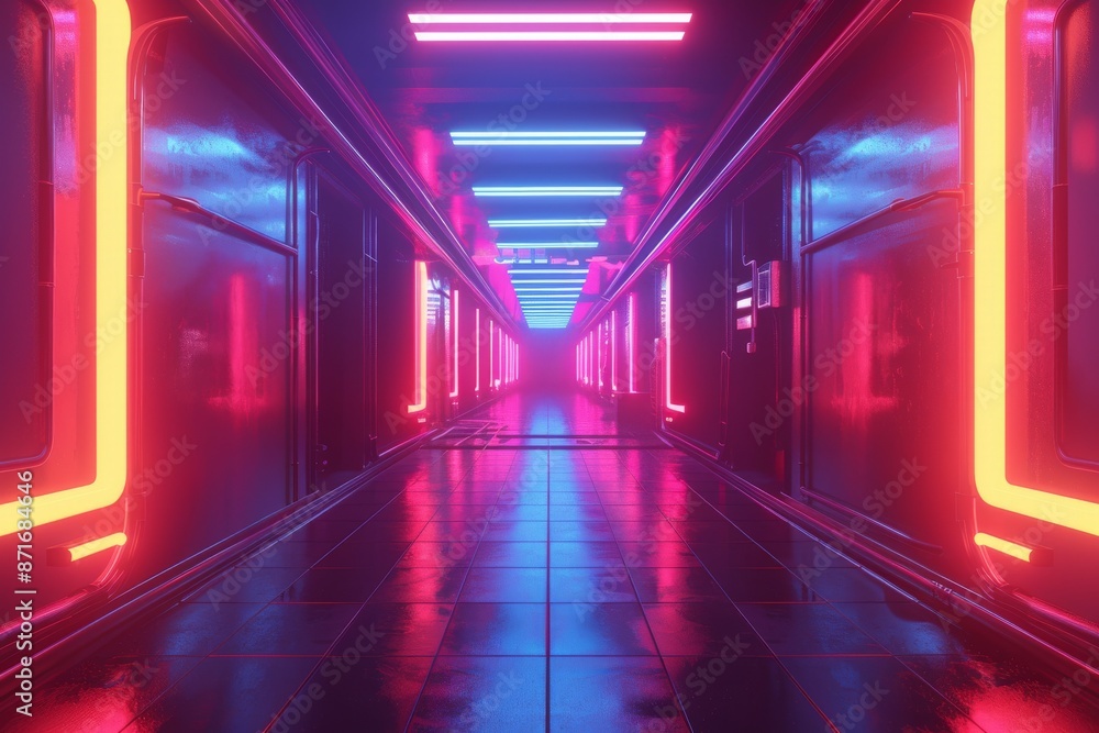 Poster a neon corridor with an abstract light tunnel. a futuristic sci-fi passageway with metallic light re